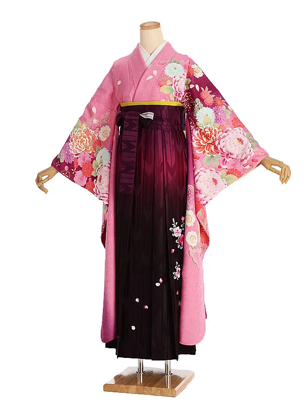 卒業式袴ﾚﾝﾀﾙ 2003 ピンク紫縦ぼかし祝菊×花刺繍ﾛｰｽﾞぼかし