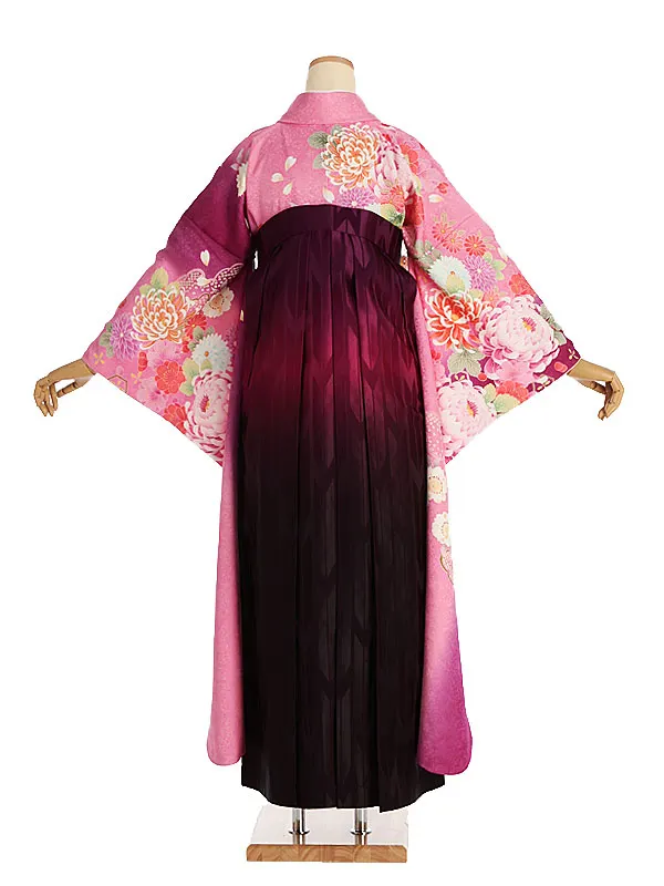 卒業式袴ﾚﾝﾀﾙ 2003 ピンク紫縦ぼかし祝菊×花刺繍ﾛｰｽﾞぼかし