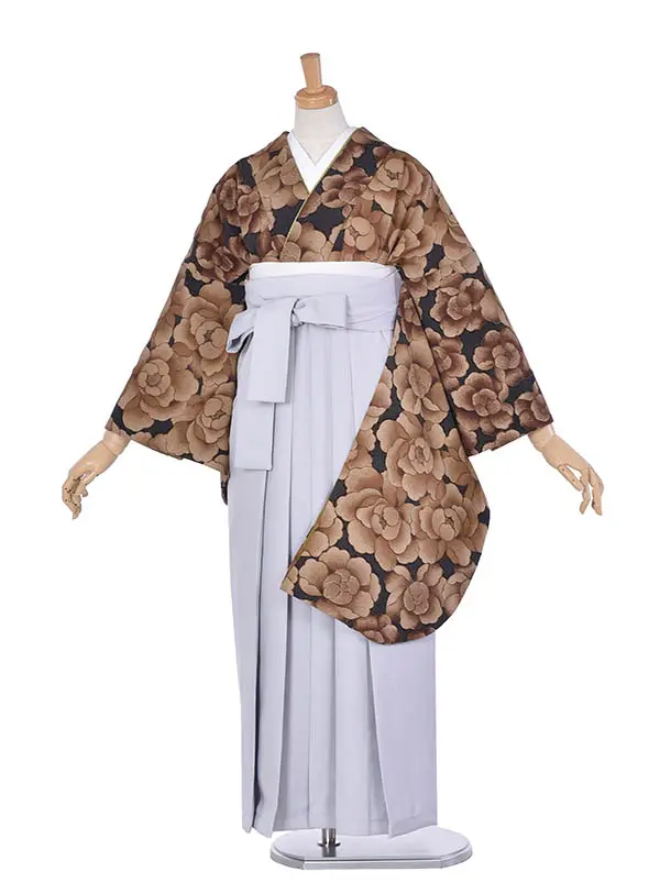 卒業袴ﾚﾝﾀﾙ0095茶花柄ライトグレー袴