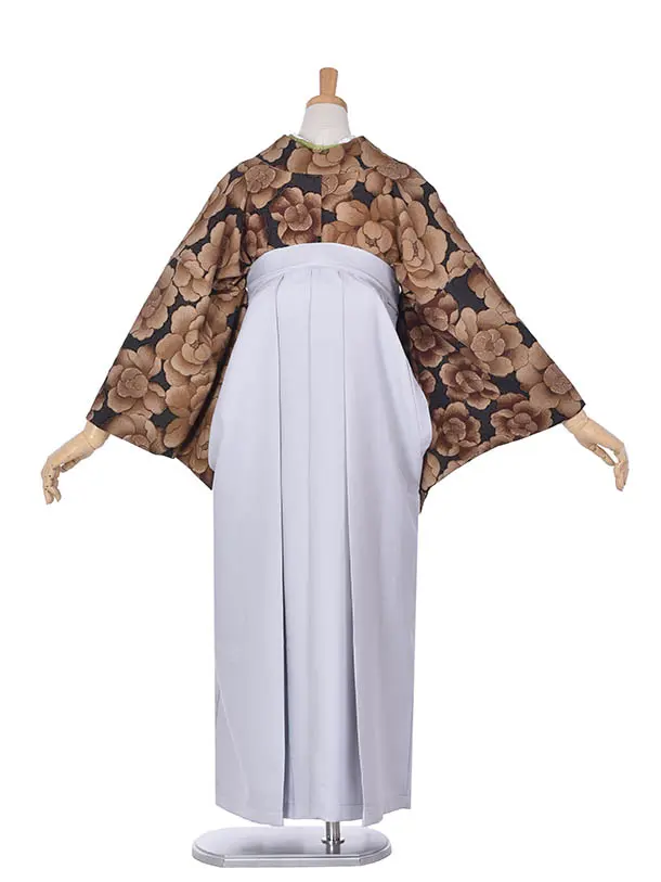 卒業袴ﾚﾝﾀﾙ0095茶花柄ライトグレー袴