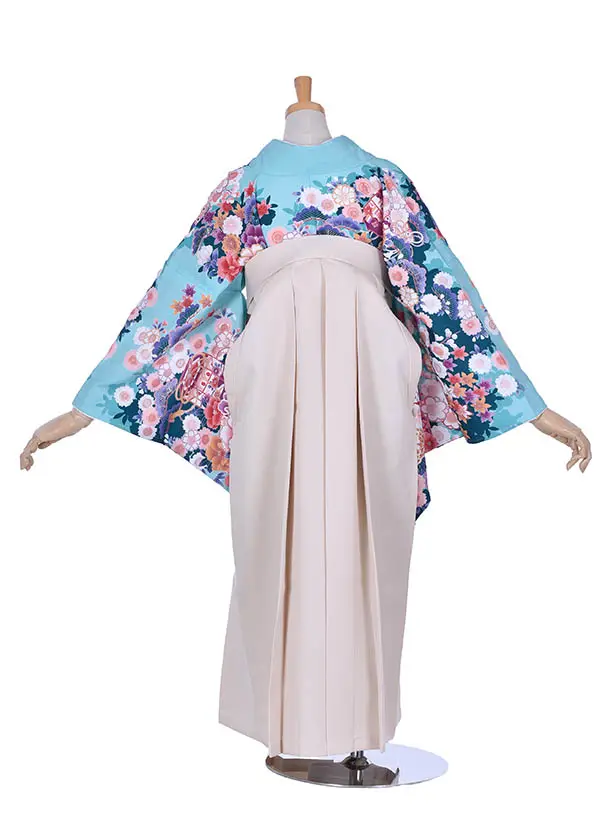 卒業袴ﾚﾝﾀﾙ0323水色小花ベージュ袴