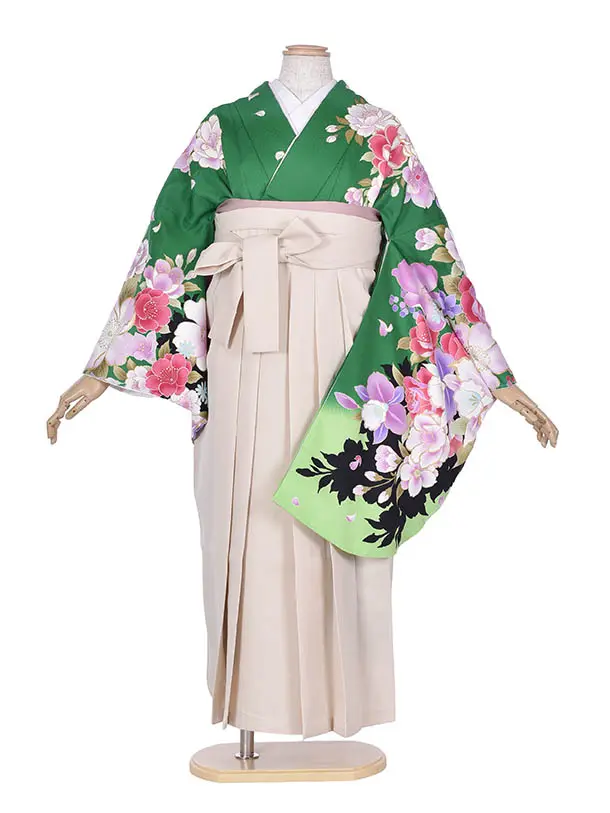 卒業袴 ﾚﾝﾀル0327緑花々ベージュ袴