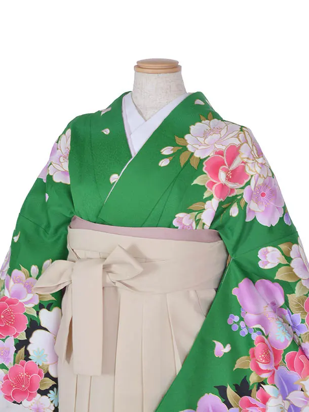 卒業袴 ﾚﾝﾀル0327緑花々ベージュ袴