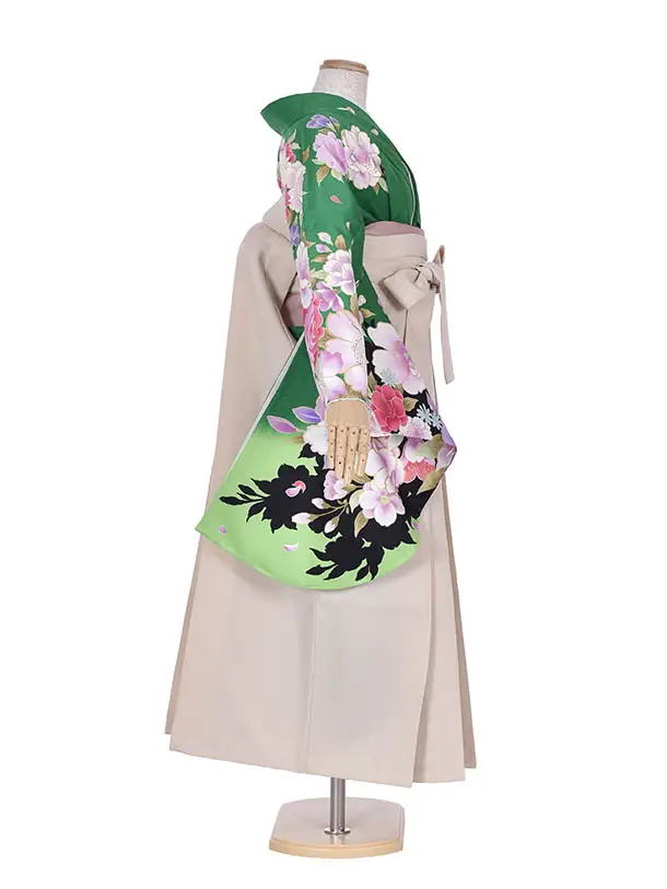 卒業袴 ﾚﾝﾀル0327緑花々ベージュ袴