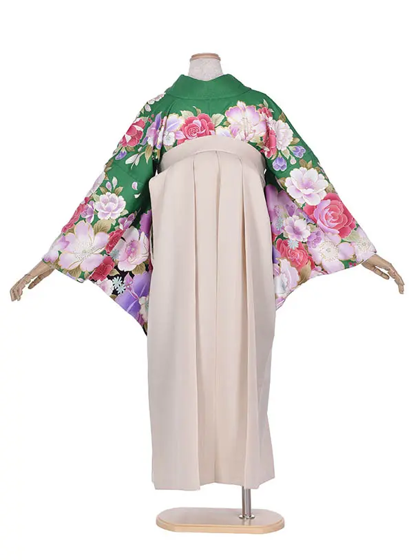 卒業袴 ﾚﾝﾀル0327緑花々ベージュ袴