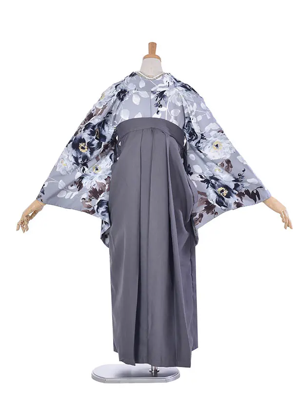 卒業袴 ﾚﾝﾀル035スモーキーグレーの大花柄 × グレ―袴