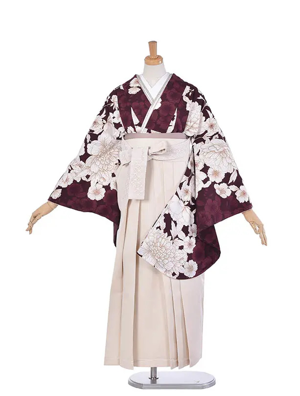 卒業袴 ﾚﾝﾀル038ワインレッド×白花の二尺袖
