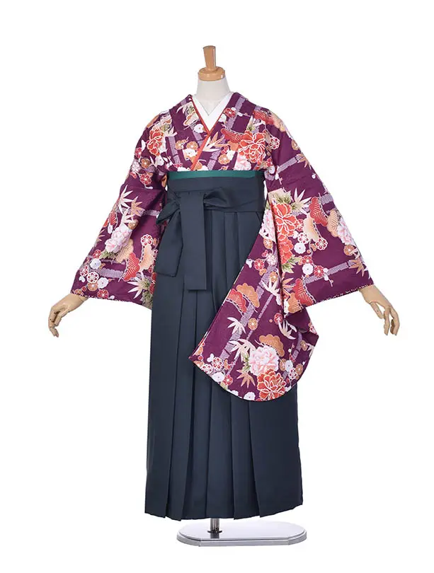 卒業袴 ﾚﾝﾀル041紫地に牡丹・桜の古典柄二尺袖 × モスグリーン袴