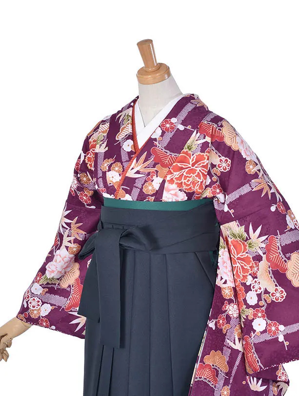 卒業袴 ﾚﾝﾀル341紫地に牡丹・桜の古典柄二尺袖 × モスグリーン袴