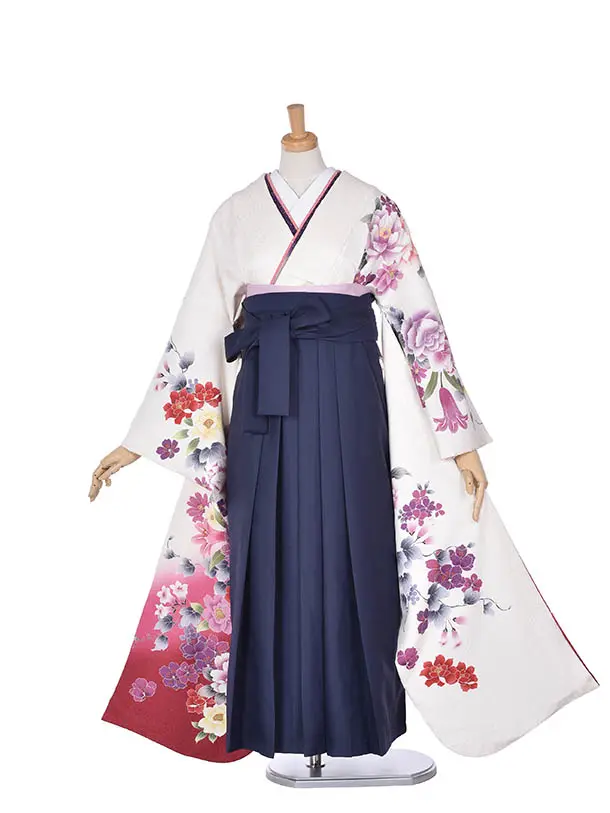 卒業式振袖袴レンタルC166白赤グラデーション濃紺袴