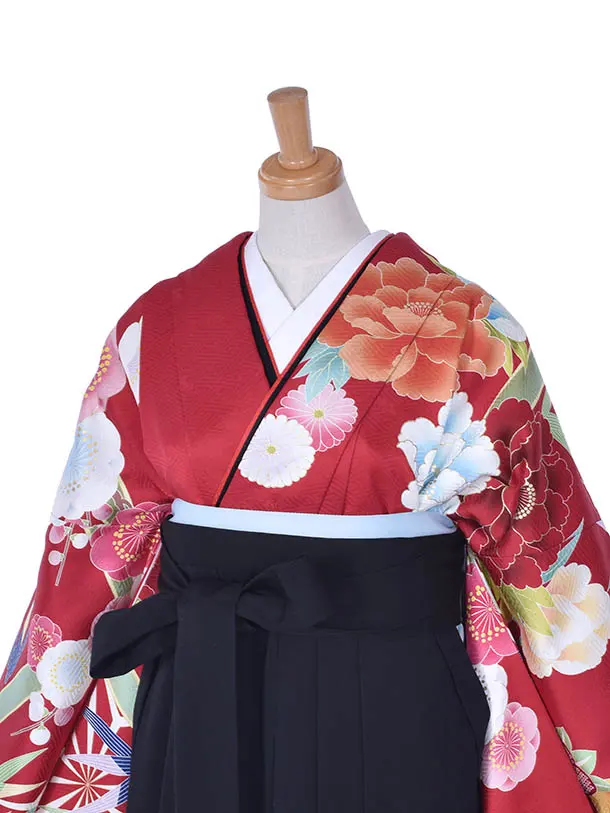 卒業式振袖袴レンタルC250赤牡丹黒袴