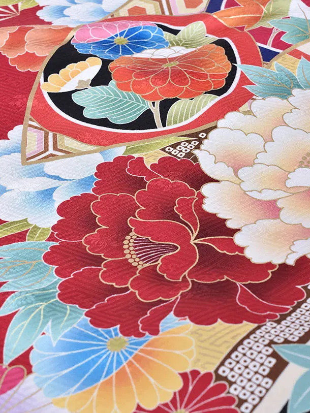 卒業式振袖袴レンタルC250赤牡丹黒袴