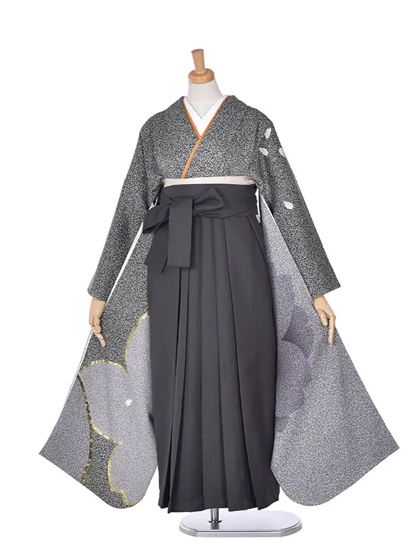 卒業式振袖袴レンタルC277グレー桜チャコールグレー袴