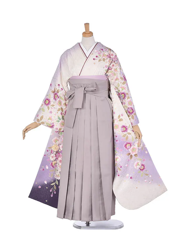 先生袴 ﾚﾝﾀルC373白地紫小花×モカ袴
