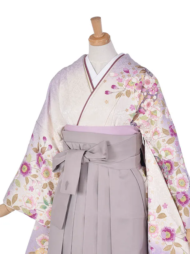 先生袴 ﾚﾝﾀルC373白地紫小花×モカ袴