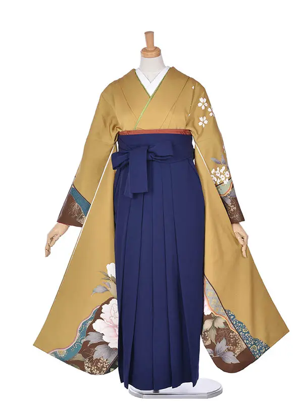 卒業式振袖袴レンタルC376からし牡丹に濃紺袴