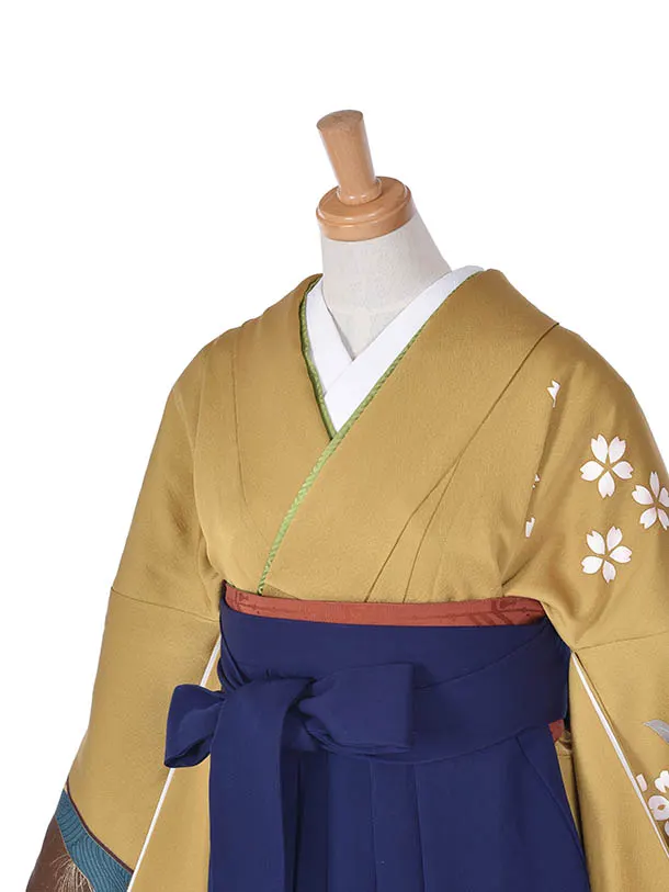 卒業式振袖袴レンタルC376からし牡丹に濃紺袴