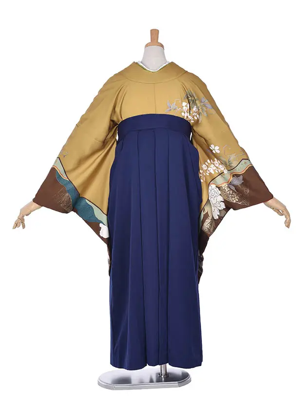 卒業式振袖袴レンタルC376からし牡丹に濃紺袴