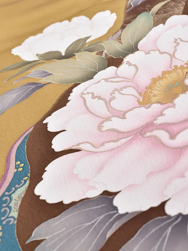 卒業式振袖袴レンタルC376からし牡丹に濃紺袴