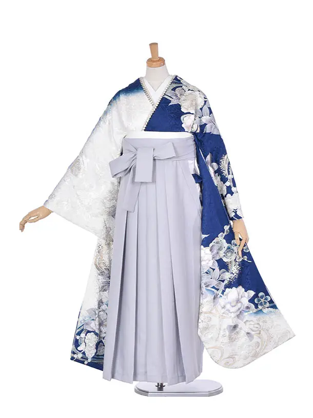 卒業式振袖袴レンタルC433青肩身銀彩ライトグレー袴