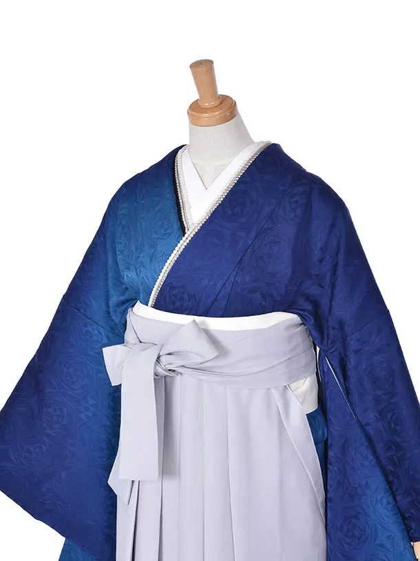 卒業式振袖袴レンタルC434青地紋ライトグレー袴