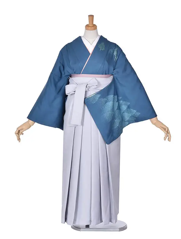 先生袴 ﾚﾝﾀルD0001【正絹】ブルー木立紋グレー袴