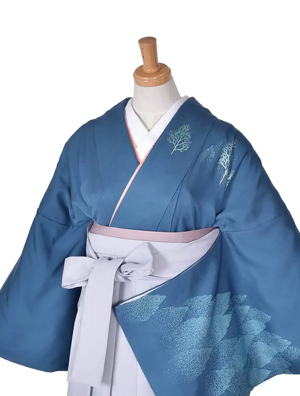 先生袴 ﾚﾝﾀルD0001【正絹】ブルー木立紋グレー袴