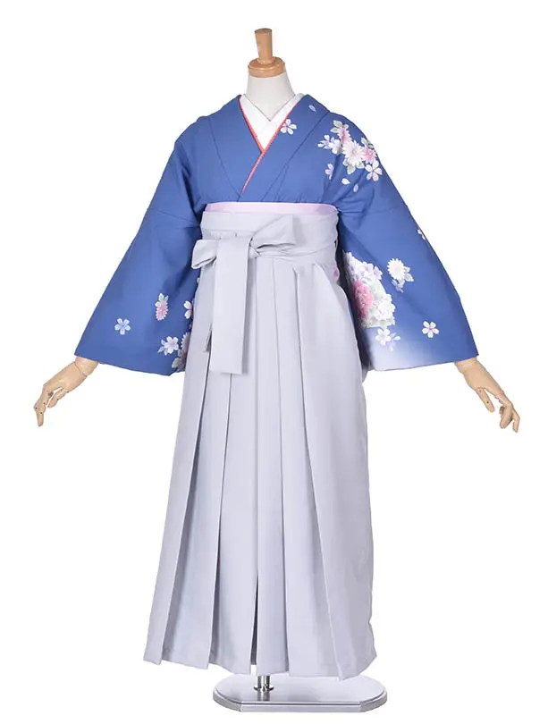 先生袴 ﾚﾝﾀルD004ブルー牡丹に小花ライトグレー袴
