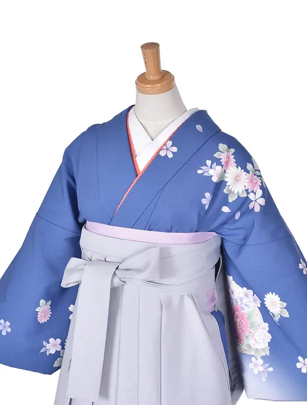 先生袴 ﾚﾝﾀルD004ブルー牡丹に小花ライトグレー袴