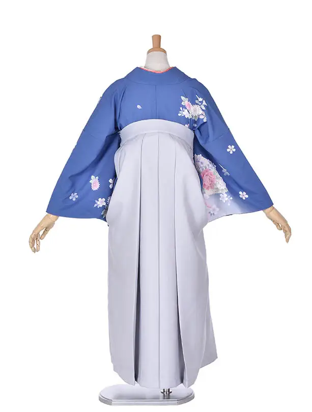 先生袴 ﾚﾝﾀルD004ブルー牡丹に小花ライトグレー袴