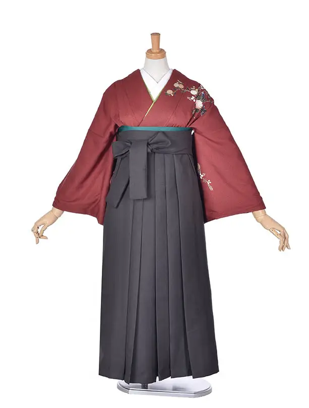 先生袴 ﾚﾝﾀル【正絹】D036赤小花チャコールグレー袴