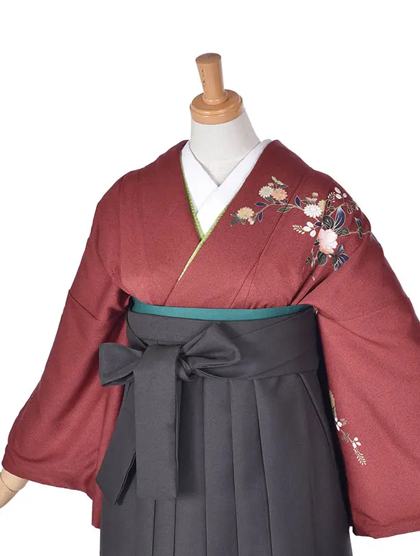 先生袴 ﾚﾝﾀル【正絹】D036赤小花チャコールグレー袴