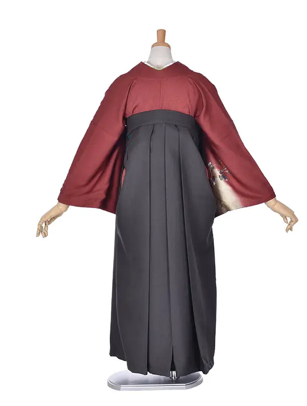 先生袴 ﾚﾝﾀル【正絹】D036赤小花チャコールグレー袴