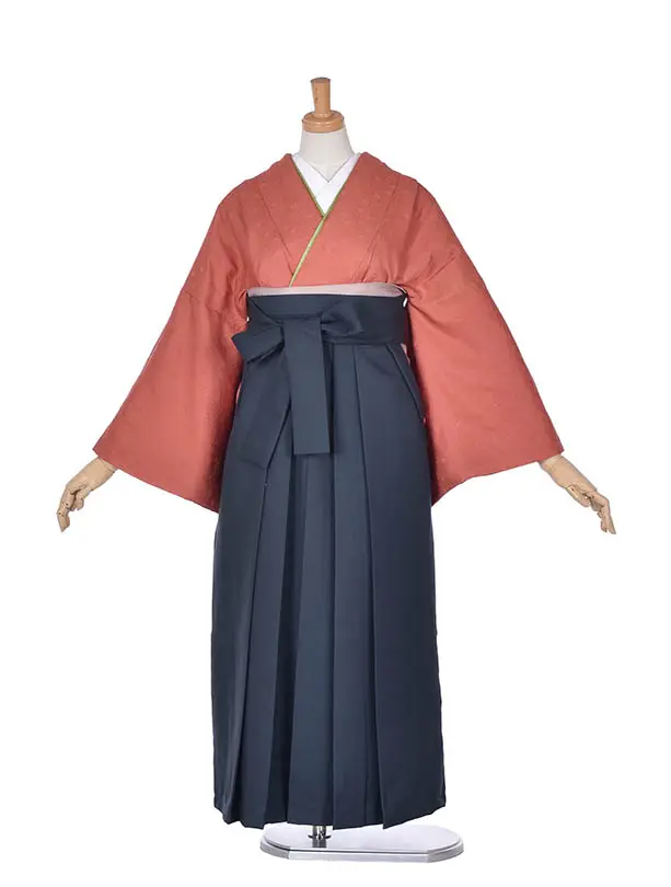 先生卒業袴 ﾚﾝﾀルD037【正絹】朱赤無地モスグリーン袴