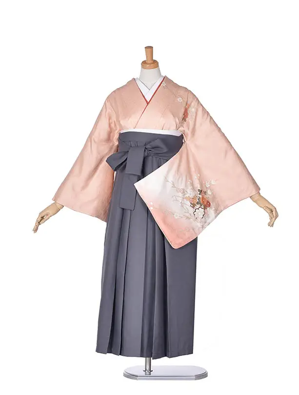 先生袴 ﾚﾝﾀルD055黒サーモンピンク花車×アッシュグレー袴
