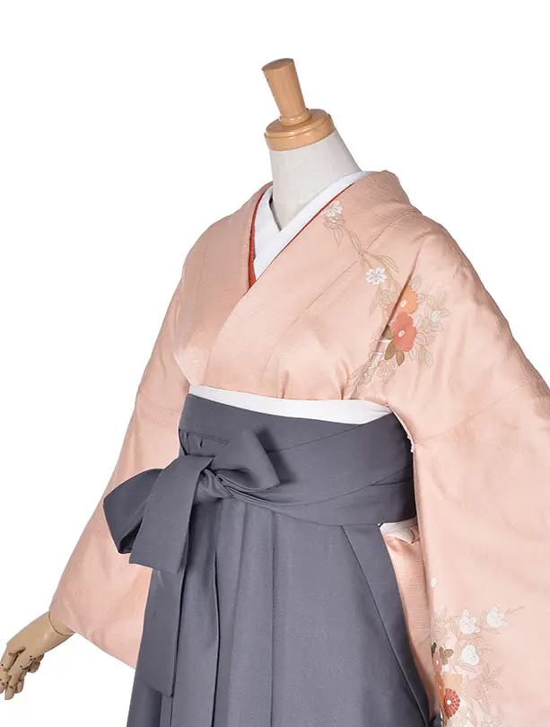 先生袴 ﾚﾝﾀルD055黒サーモンピンク花車×アッシュグレー袴