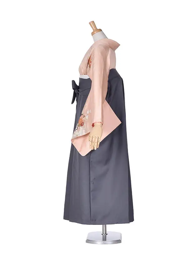 先生袴 ﾚﾝﾀルD055黒サーモンピンク花車×アッシュグレー袴