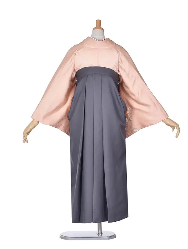 先生袴 ﾚﾝﾀルD055黒サーモンピンク花車×アッシュグレー袴