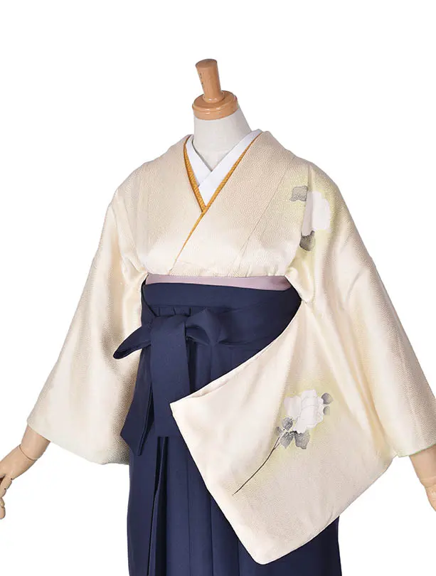 先生袴 ﾚﾝﾀル【正絹】D064黄緑牡丹紺袴