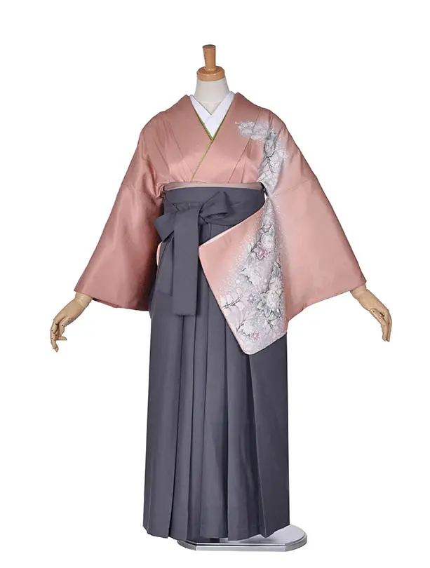 先生袴 ﾚﾝﾀルD0069【正絹】サーモンピンク辻が花アッシュグレー袴