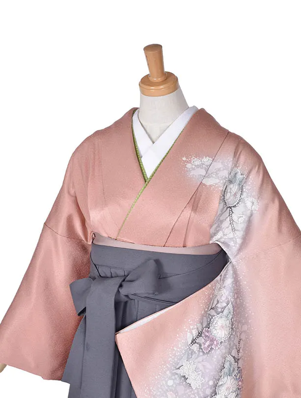 先生袴 ﾚﾝﾀルD0069【正絹】サーモンピンク辻が花アッシュグレー袴