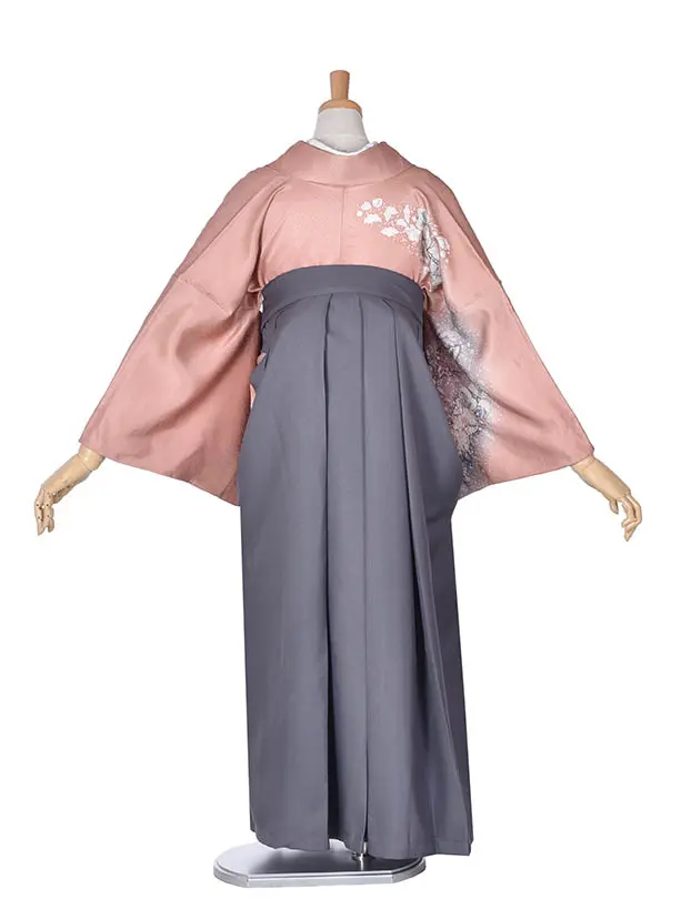 先生袴 ﾚﾝﾀルD0069【正絹】サーモンピンク辻が花アッシュグレー袴