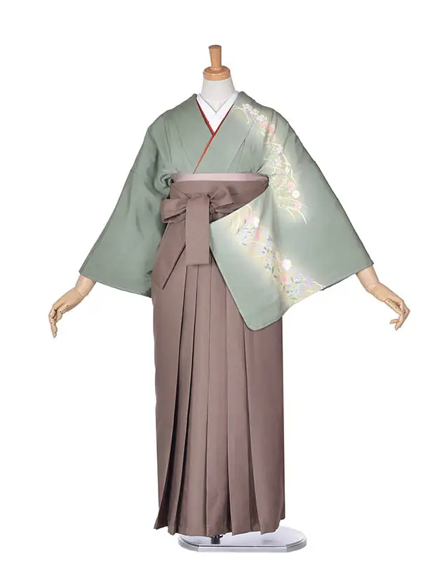 先生袴 ﾚﾝﾀルD0070【正絹】くすみグリーン× モカブラウン袴