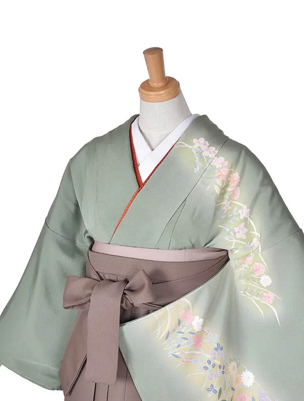 先生袴 ﾚﾝﾀルD0070【正絹】くすみグリーン× モカブラウン袴