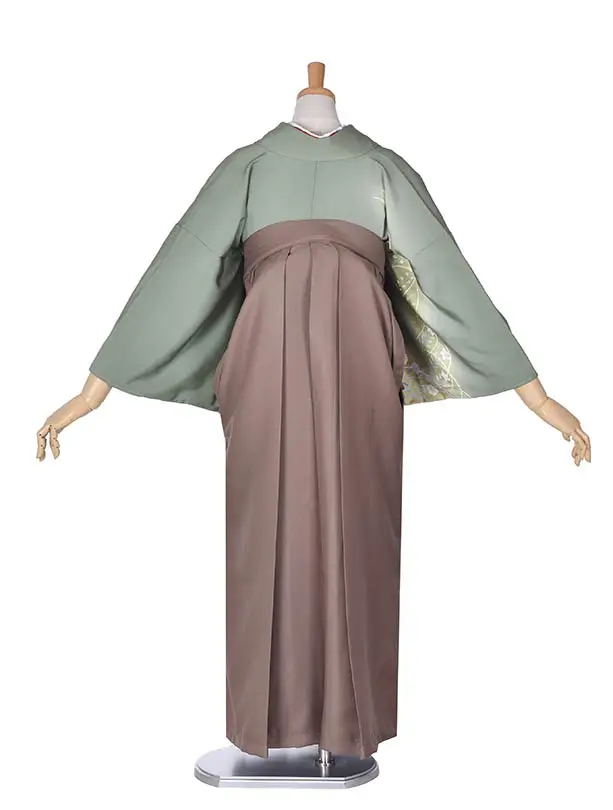 先生袴 ﾚﾝﾀルD0070【正絹】くすみグリーン× モカブラウン袴