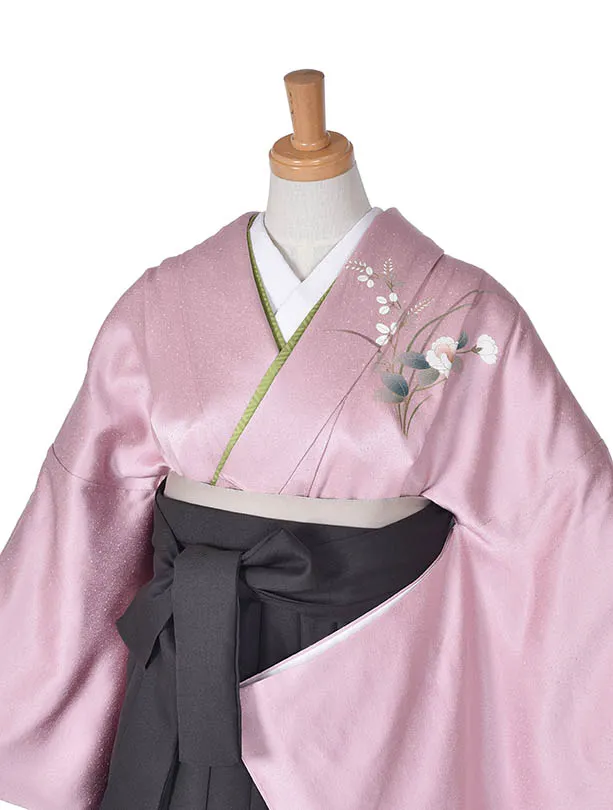 先生袴 ﾚﾝﾀルD0071【正絹】薄桜色の無地二尺袖 × チャコールグレー袴