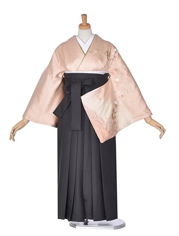 先生袴 ﾚﾝﾀルD0072【正絹】薄桃色に桜・菊・撫子 × チャコールグレー袴