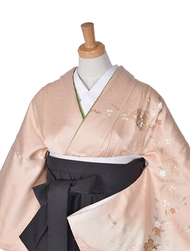 先生袴 ﾚﾝﾀルD0072【正絹】薄桃色に桜・菊・撫子 × チャコールグレー袴
