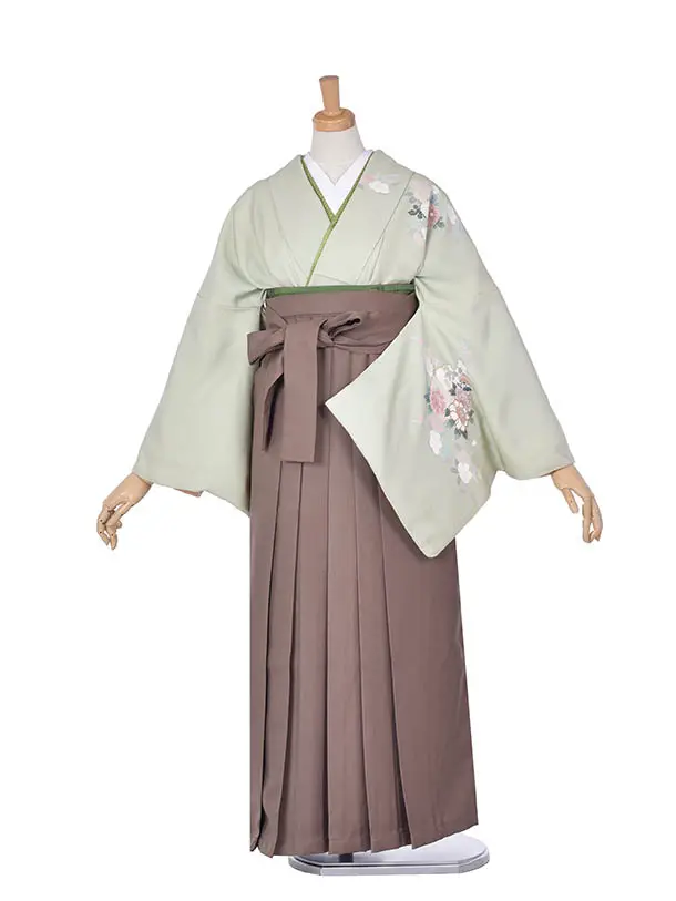 先生袴 ﾚﾝﾀルD076薄緑小花×ブラウン袴