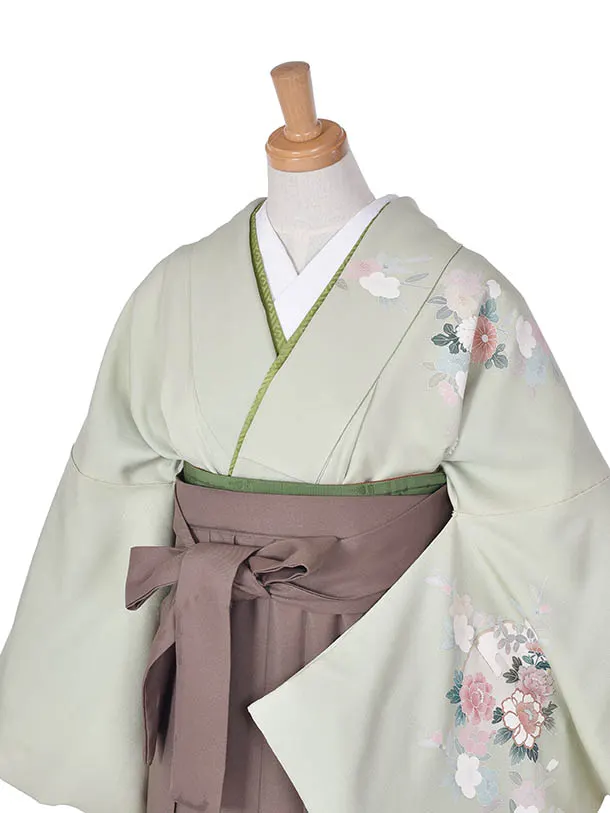 先生袴 ﾚﾝﾀルD076薄緑小花×ブラウン袴